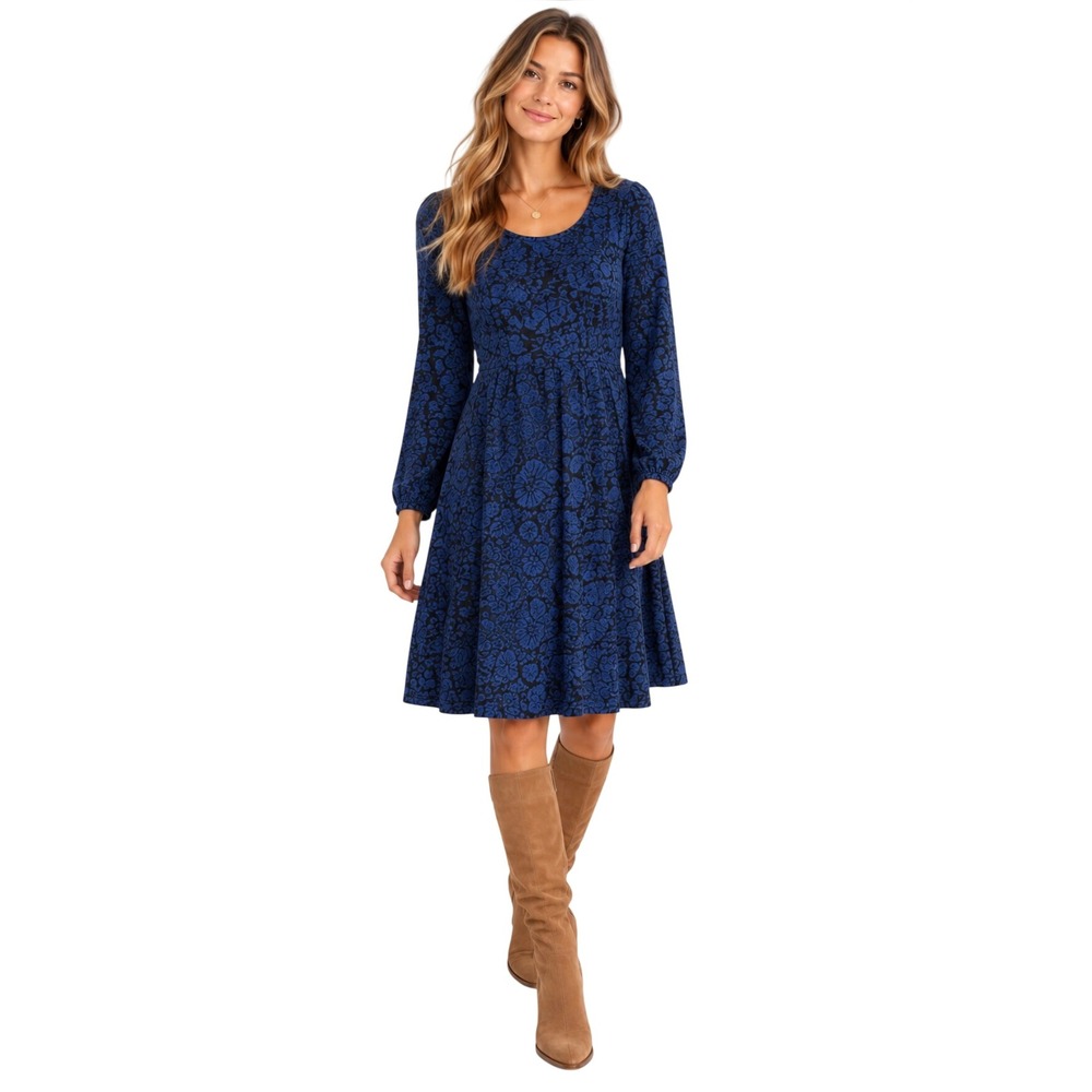 Boden Blue Black Floral Scroll Long Sleeve Fit & Flare Midi Dress Womens Size 8P